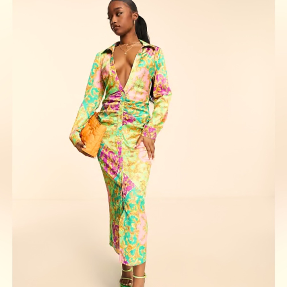 NWOT HER BOTTARI Vibrant Patterned Button-Up Shirt Dress Scarf Print Size L - Picture 16 of 16